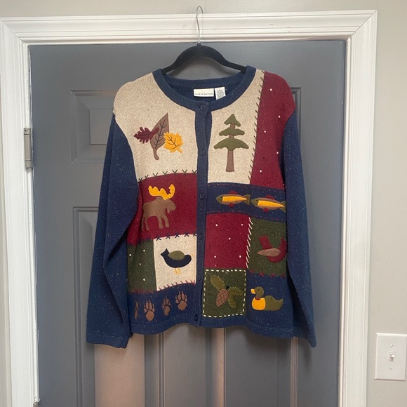 croft & barrow Sweaters - Vintage Y2K cottage core patchwork cardigan wildlife/winter theme sweater Large
